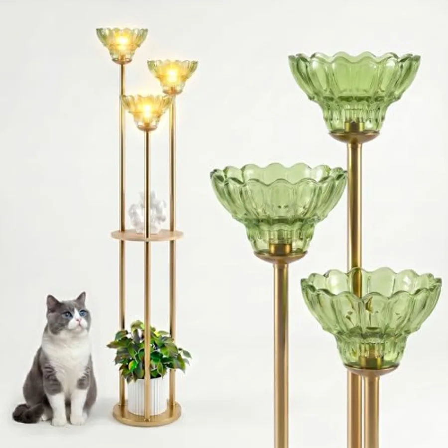 

Modern Gold Floor Lamp with 3 Crystal Shades and Shelves 3-Light Standing Lamp with Feet Switch for Living Room Bedroom Study O