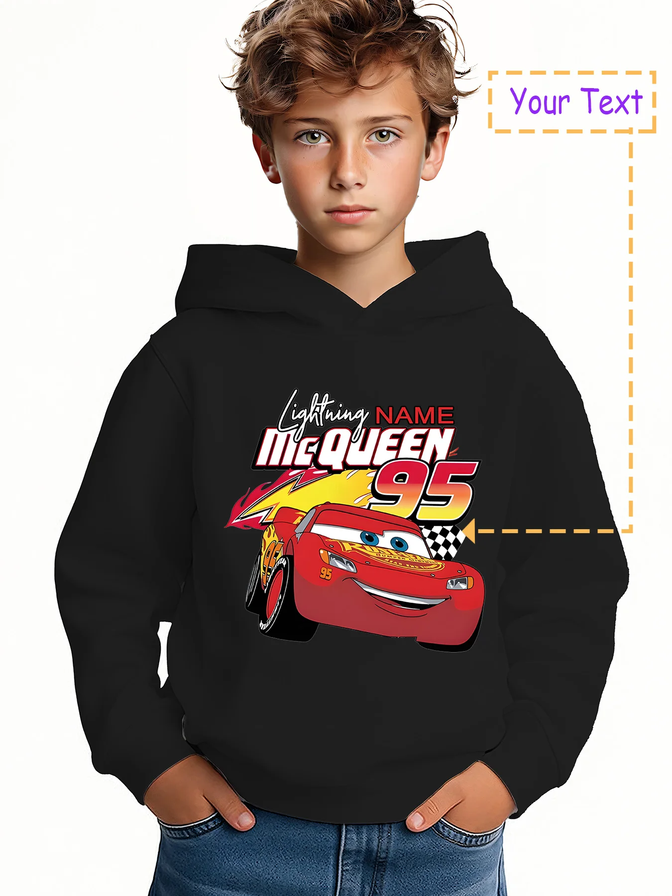 

MINISO Disney Lightning McQueen Boys Hoodie - Classic racing elements in a cool black color scheme. Perfect for everyday playtim