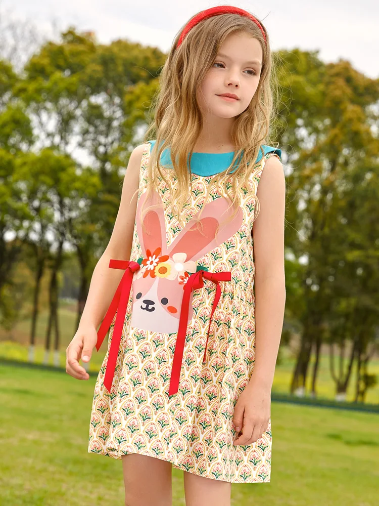 Girl Doll Dress Summer Floral Print and Rabbit Pattern Tank Dress