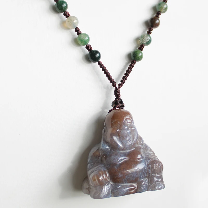 Unit One Piece Natural Ocean Jasper Gemstone Crystal Laugh Buddha Carving Necklace Pendant With Natural Agate Bead Chain