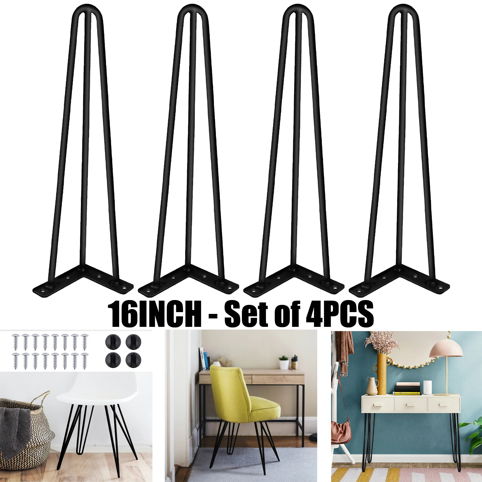 16 Zoll Metall-Tischbeine, 4er-Set, 40 cm, schwarze Stahl-Haarnadel-Tischbeine, 3 Stangen, 41 cm, Mid-Century Modern Möbel im Industriestil für Beistelltische, Bänke, DIY-Möbel, mit Schutzfüßen &
