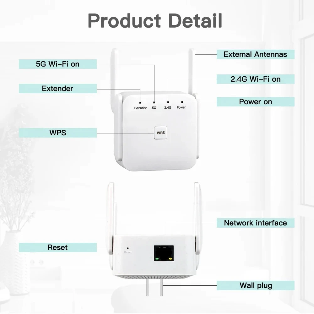 Imagem -04 - Repetidor Wireless Wifi 1200mbps 2.4 Ghz 5ghz Amplificador de Sinal Extensor Rede Wlan Wifi Repetidor