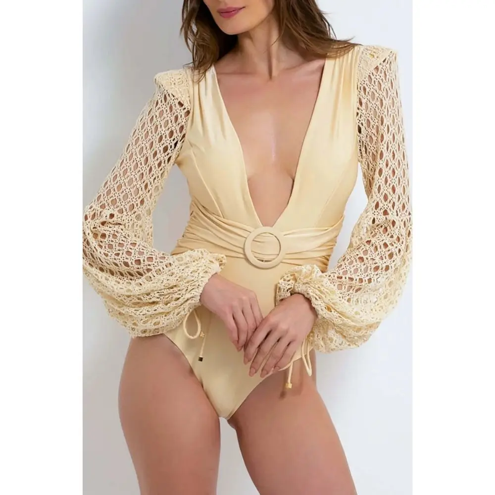 Vestido de playa elástico con recorte Natural, traje de baño Maxi de punto de ganchillo, traje de baño de cintura alta sólido, Bikini Sexy con