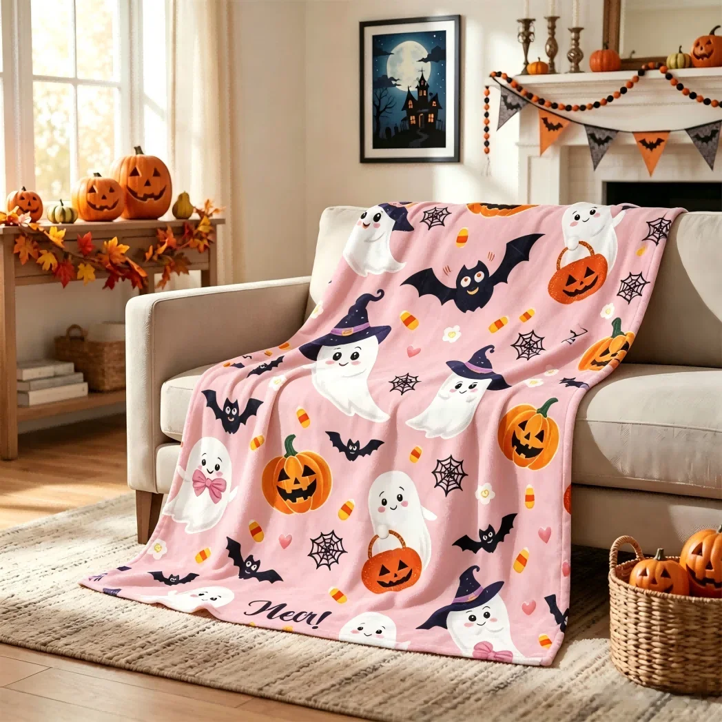 Spooky Cute Halloween Ghost Pumpkin Witch Pajama Throw Blanket for Fall Party Decor