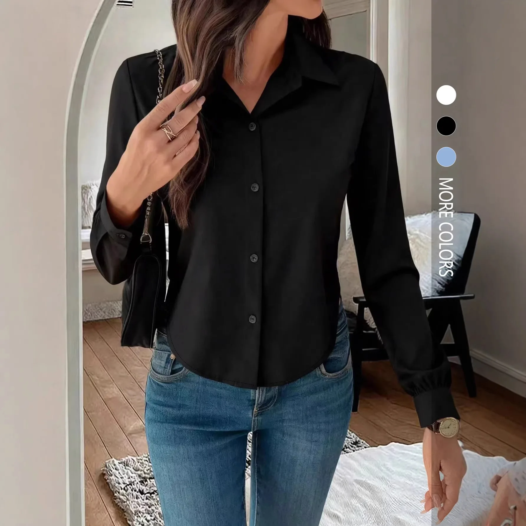 

Women's Long Sleeve Shirt White Collar Button Front Asymmetric Hem Spring Summer Elegant Daily Office Dating