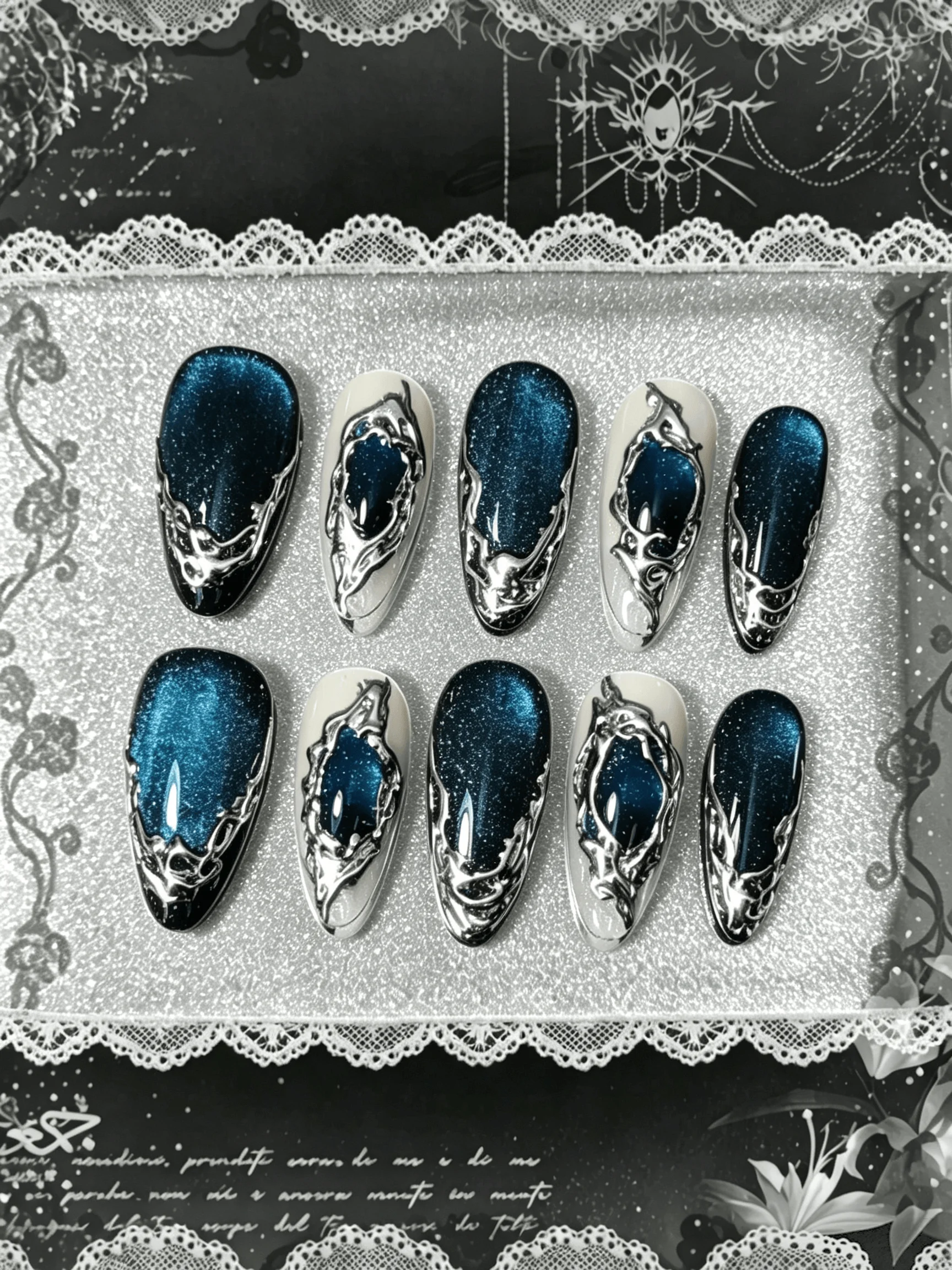 10 Pieces of Handmade Almond-Shaped Full-Cover Nail Tips, Medium Length, Blue, Black, and Silver, in a Cool Metallic Luxury Style, Suitable for Women and Girls, Perfect for Evening Parties, Ambiance Photos, and as a Gift, Comes with 1 Piece of Jelly Glue and 1 Nail File