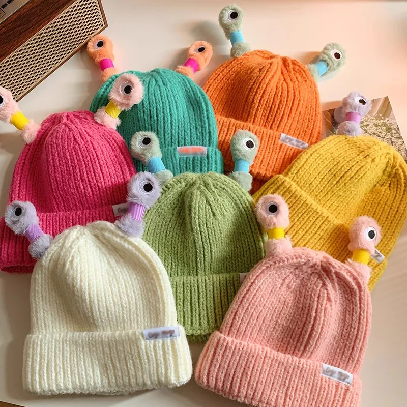 Funny Luminous Led Light Little Monster Eyes Cap Beanie For Women Girls Cute Cartoon Antenna Winter Warm Knitted Woolen Hat