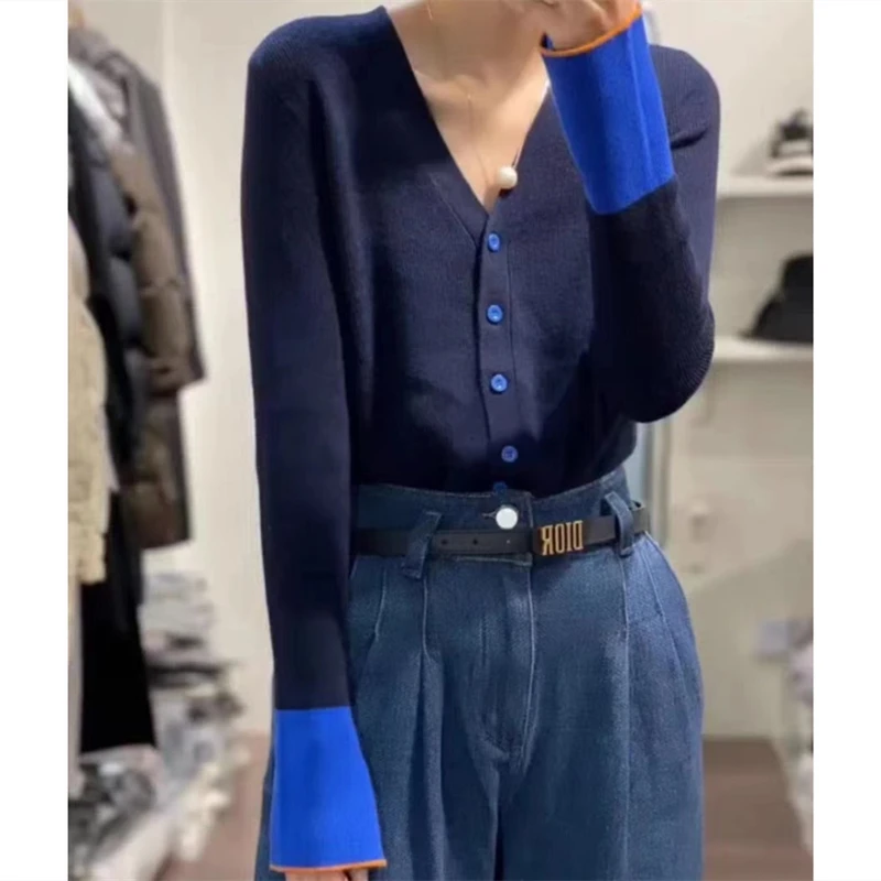 Women Autumn Winter Fine Wool Sweater V-neck Knitted Splicing Contrasting Colors Cardigan Female Casual Slim Bottoming ​Top