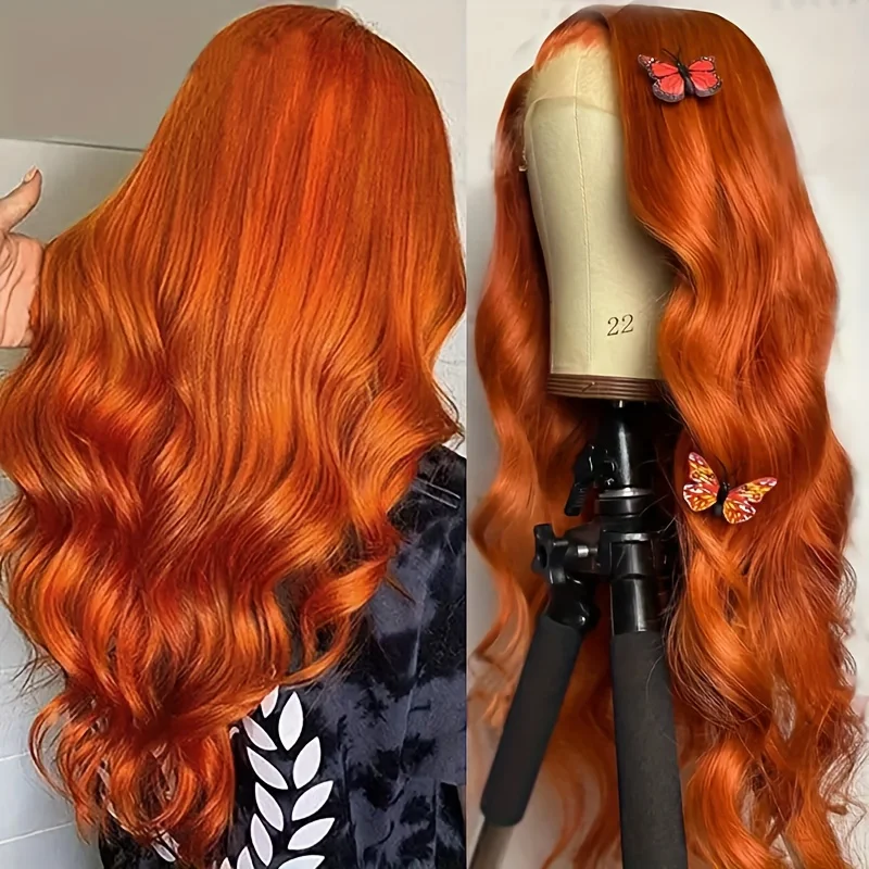 Perruque Lace Front Wig Body Wave Naturelle Orange 4x4, Cheveux Humains Pré-Plumés Colorés, Densité 200, Vidéo HD, pour Femme