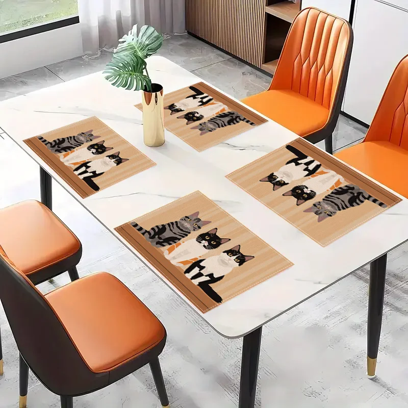 Linen Placemats with Split Cats and Stripes Design Woven Rectangular Table Mats NonSlip Heat Resistant Hand Washable for Kitchen