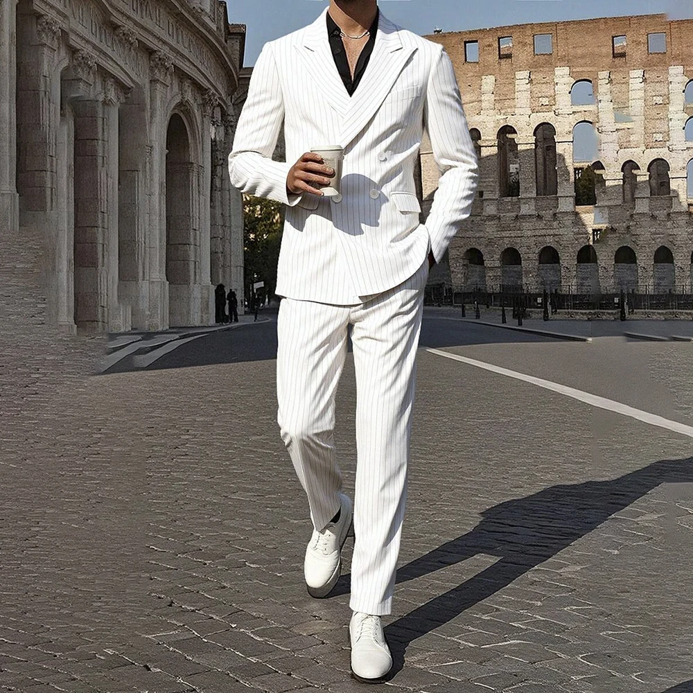 

Elegant White Pinstripe Men's Suits Formal Wedding Double Breasted Peak Lapel 2 Piece Jacket Pants Outfits Costume Homme Terno