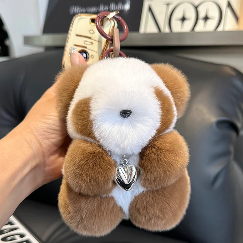 

Keychain Rex Rabbit Fur Panda Plush Doll Women Bag Ornaments Cute Real Fur Panda Car Keychain Cute Bear Car Key Chain Girl Gift