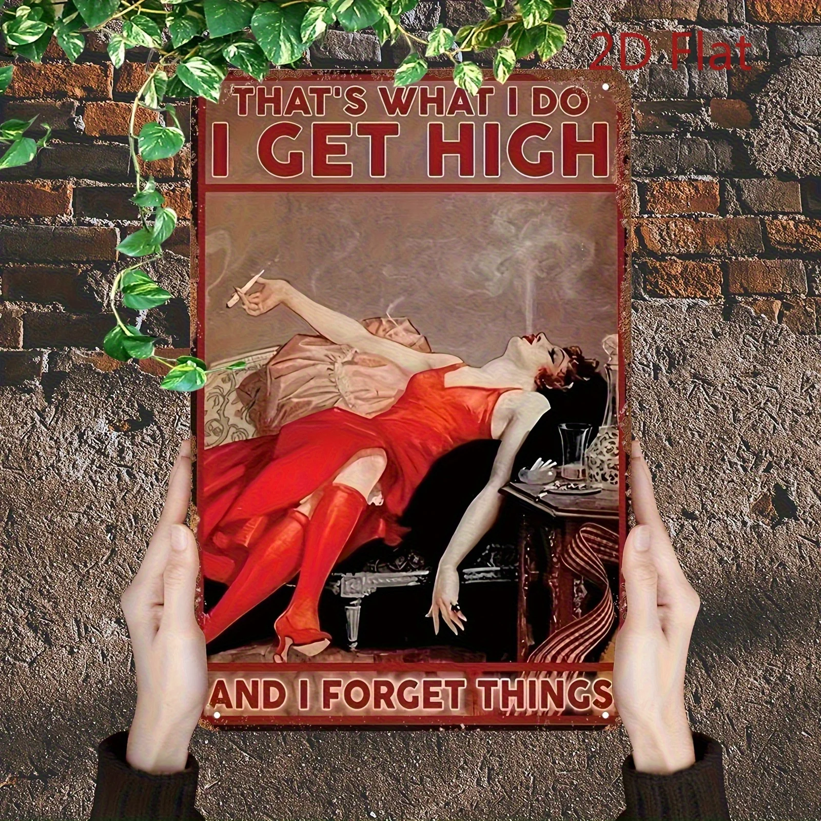Retro Healing Metal Sign 1-Pack 2D Flat, Lady in Red Dress Smoking with Funny Quote That's Just Who I Am, When I'm Lit I Forget