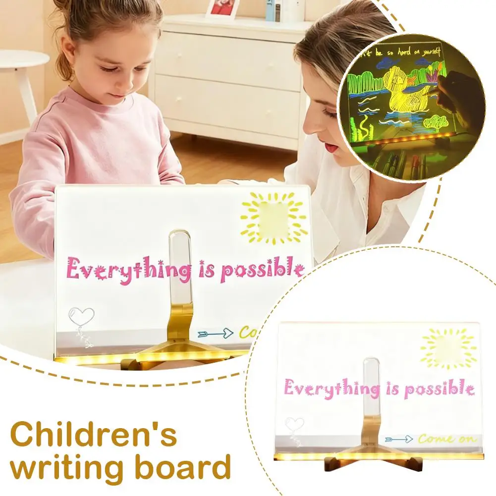 LED Light Up Erasable DIY Writing Board For Kids Family Theme Drawing Board Stand 7 Colored Pens Included Children Art Supplies