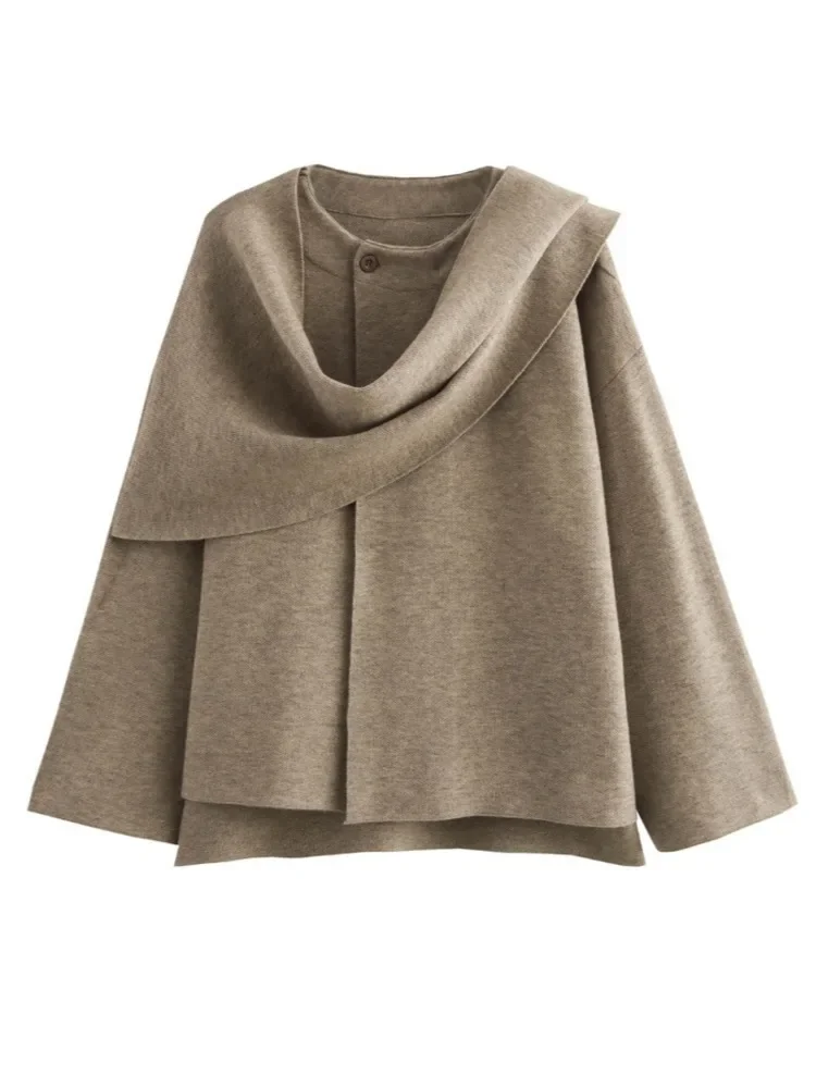 

Casual Solid Color Knit Coat For Women Scarf Collar Irregular Single Button Loose Coats 2025 Autumn New Tide 2025 New