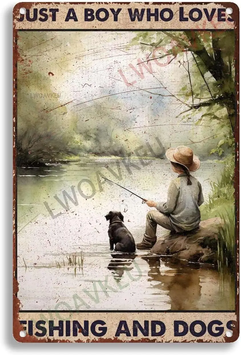 Aluminum Vintage Tin Sign Just A Boy Who Loves Fishing And Dogs For Home Decor Lover Gifts Wall Decor 8.00;x12.00;