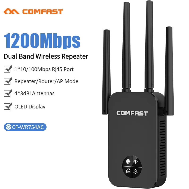 

Comfast WR761AC Wifi ретранслятор 2,4G/ 5G двухдиапазонный удлинитель 1200M OLED дисплей дальнего радиуса беспроводной сигнал