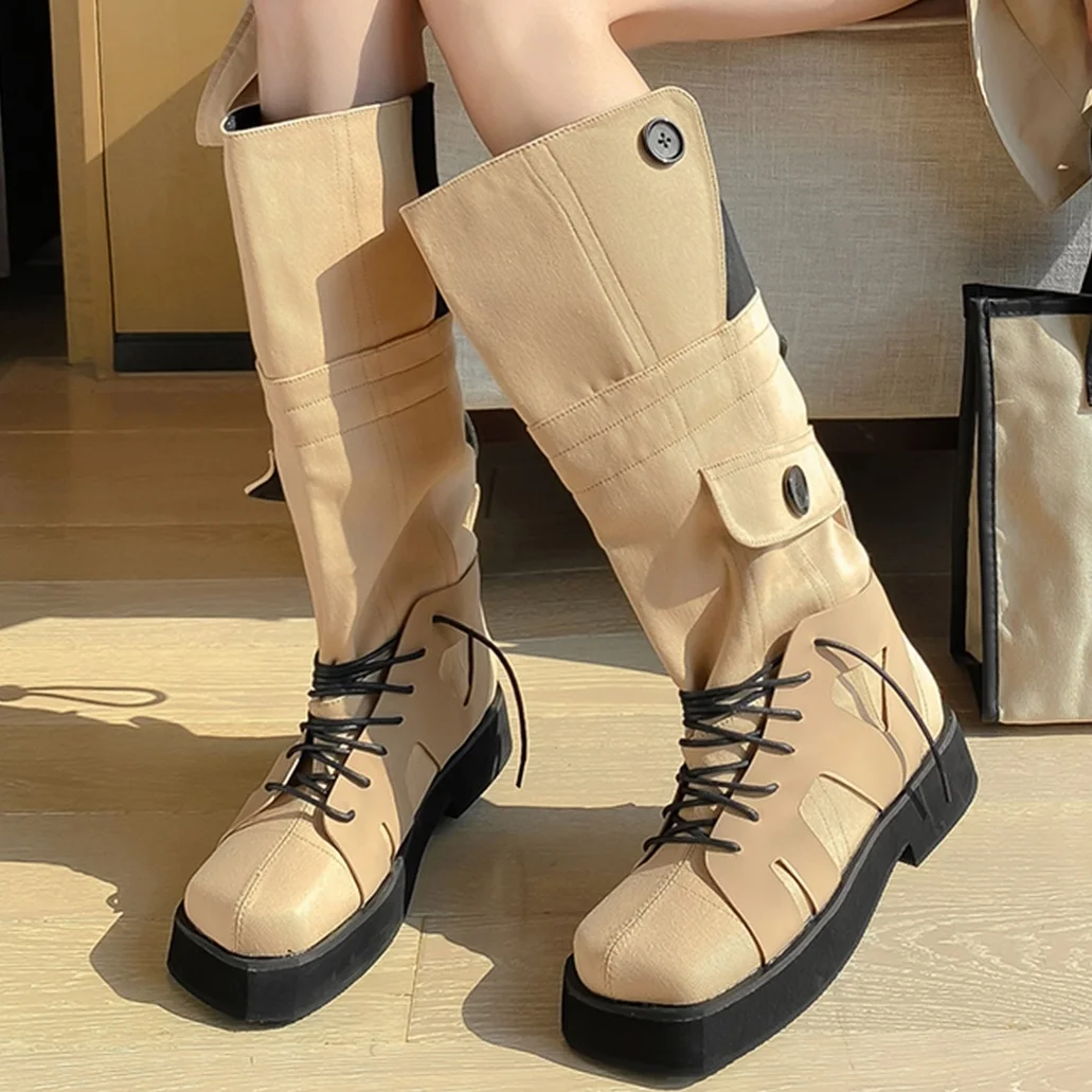 

2025 Winter Fashion Women Boots Mixed Color Splicing Knee High Boots Rubber Platform Square Toe Lace Up Novelty Boots