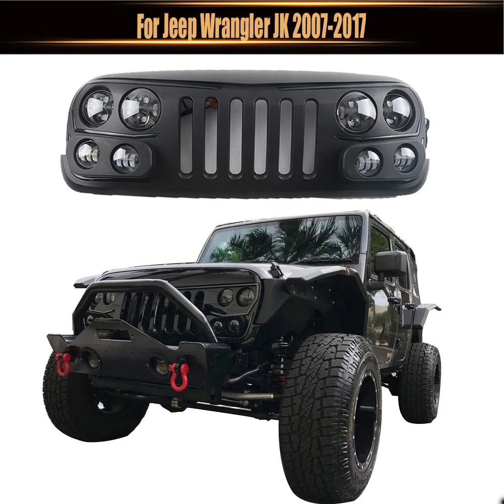 

Hood Grille ABS Matte Black Auto Parts Front Bumper Mesh Grilles W/Lights Trim Cover Racing Grill For Jeep Wrangler JK 2007-2017