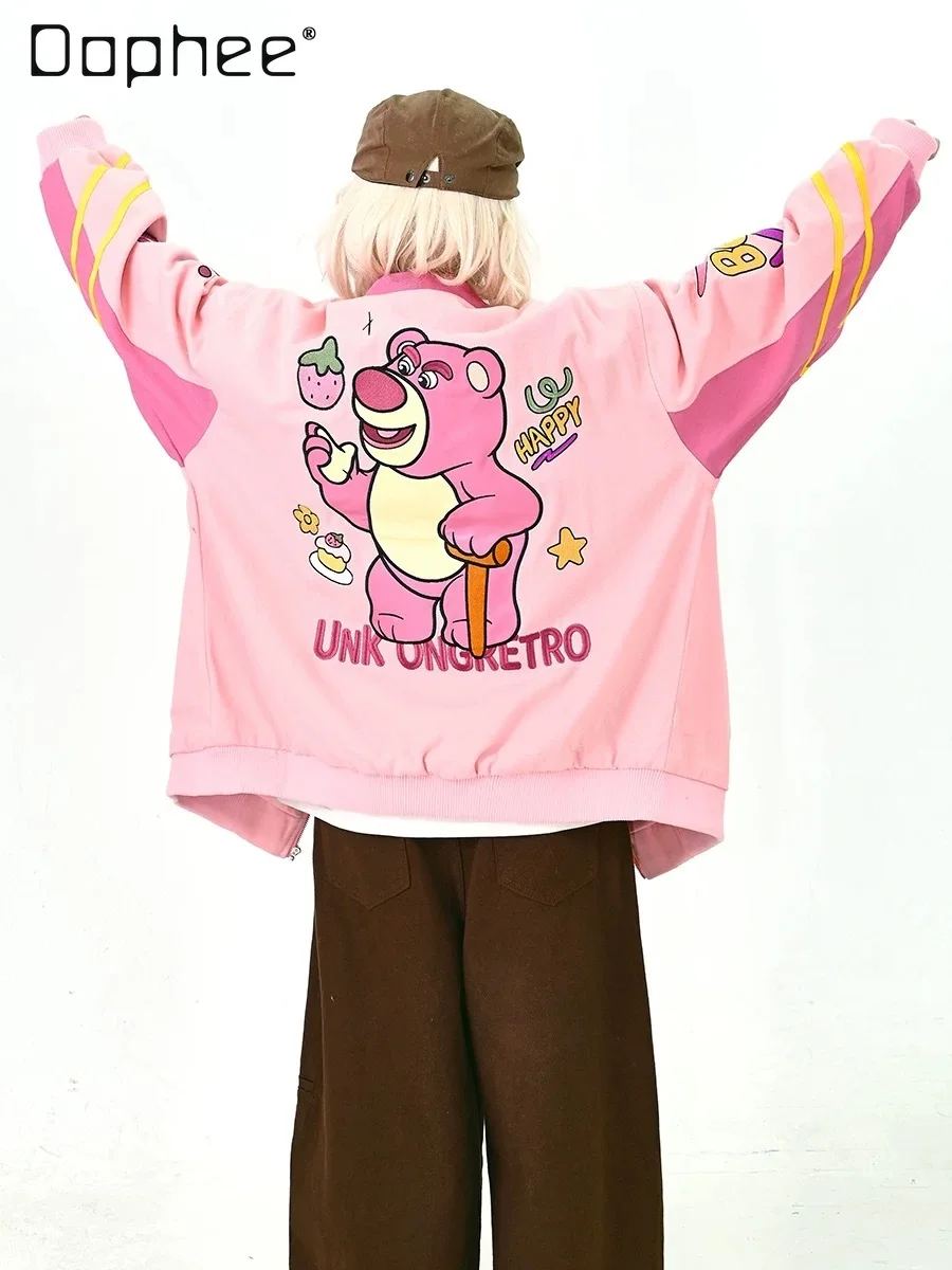 

Cute Pink Jacket Japanese Retro Cartoon Embroidery Loose Sweatshirt 2026 Spring Autumn Turn-Down Collar Top for Women