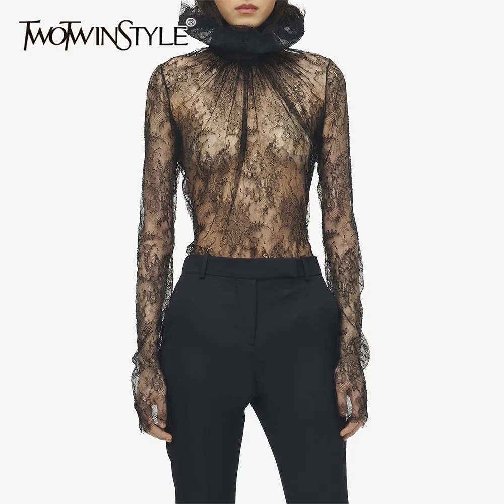 TWOTWINSTYLE Black Spliced Lace Chic Shirt Female O Neck Long Sleeve Loose Streetwear Sheer Women's Shirts Autumn Fashion New