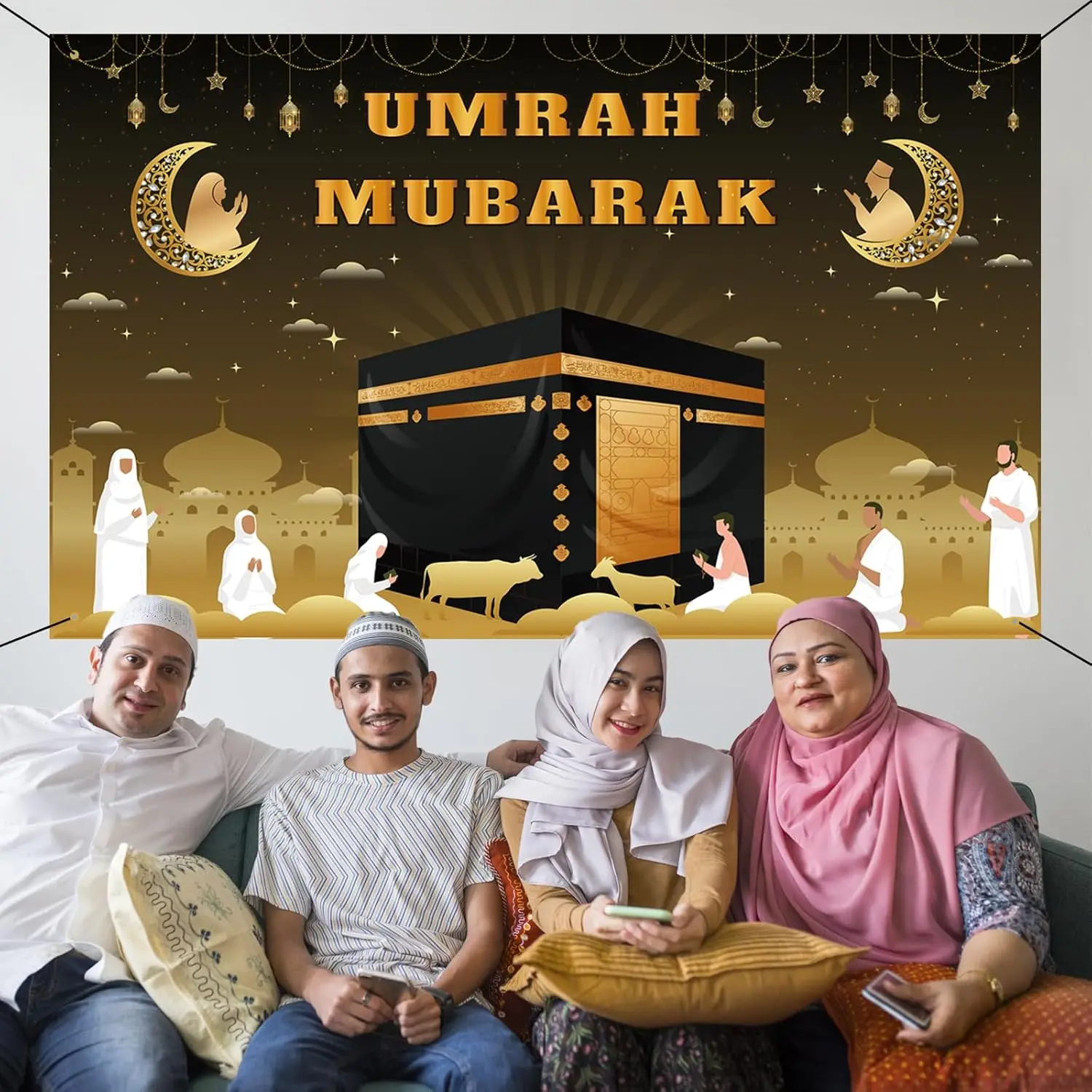 Duży baner Umrah Mubarak, tło Hajj Kaaba, dekoracje ramadanowe do domu, islamskie, muzułmańskie, na przyjęcie Eid Al-Fitr