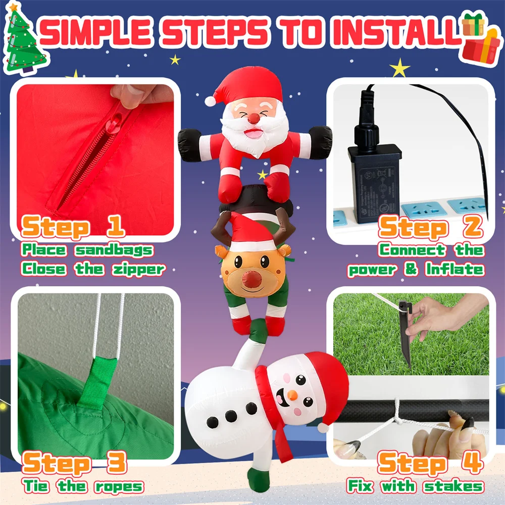 8FT نفخ عيد الميلاد تسلق سانتا كلوز مع الرنة ورجل ثلج، المدمج في LED للخارجية شعاع سقف شجرة حزب ساحة ديكور