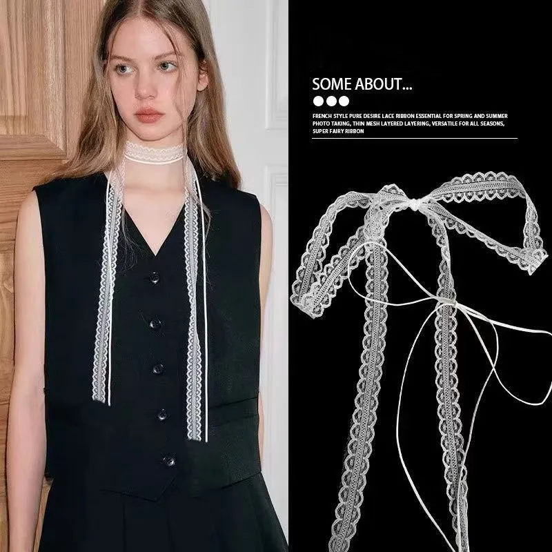 

Lace Draped Neck Strap Lockbone Necklace Versatile Scarf Long Strip Hair Ties Band Elegant Bridal Accessory