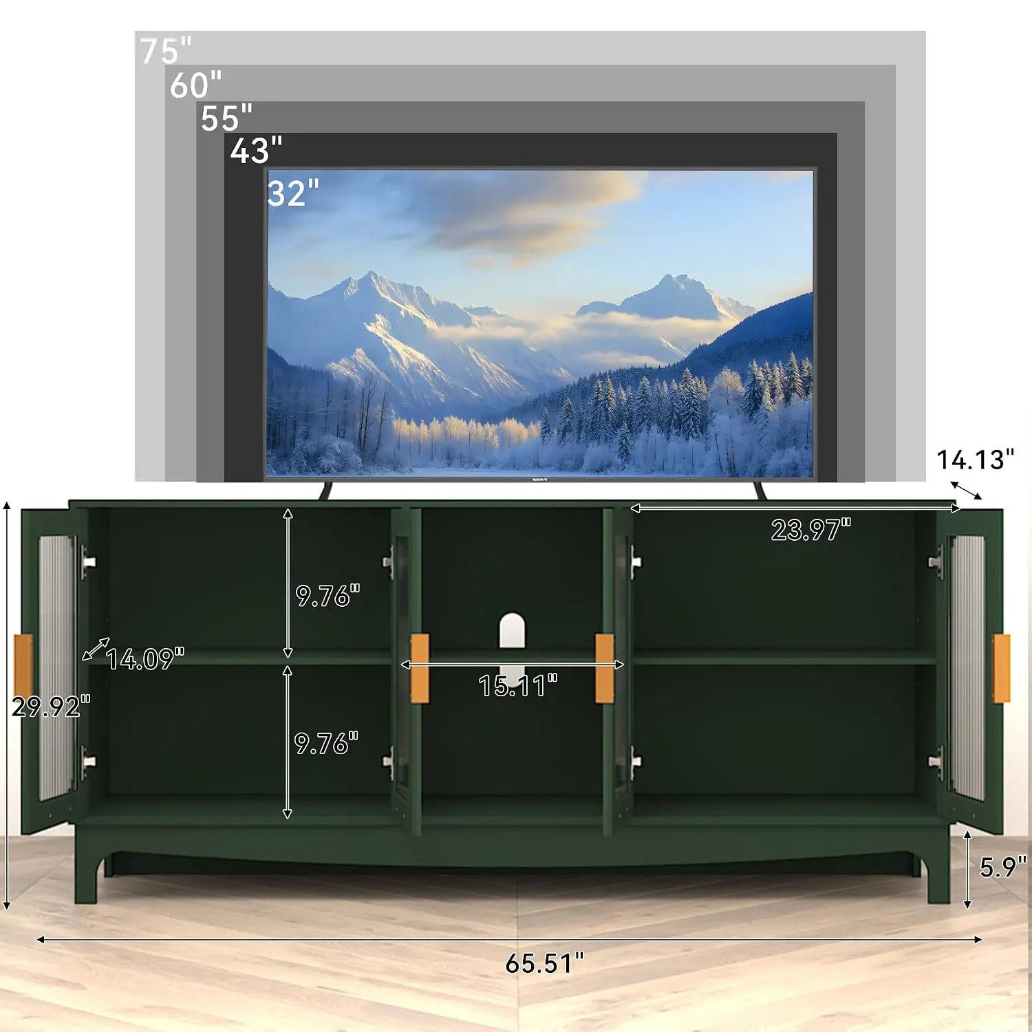 65 Inch Green TV Stand For TVs Up To 70+ Inch, Mid Century Modern Glass Door TV Console Table, Entertainment Center, Customized