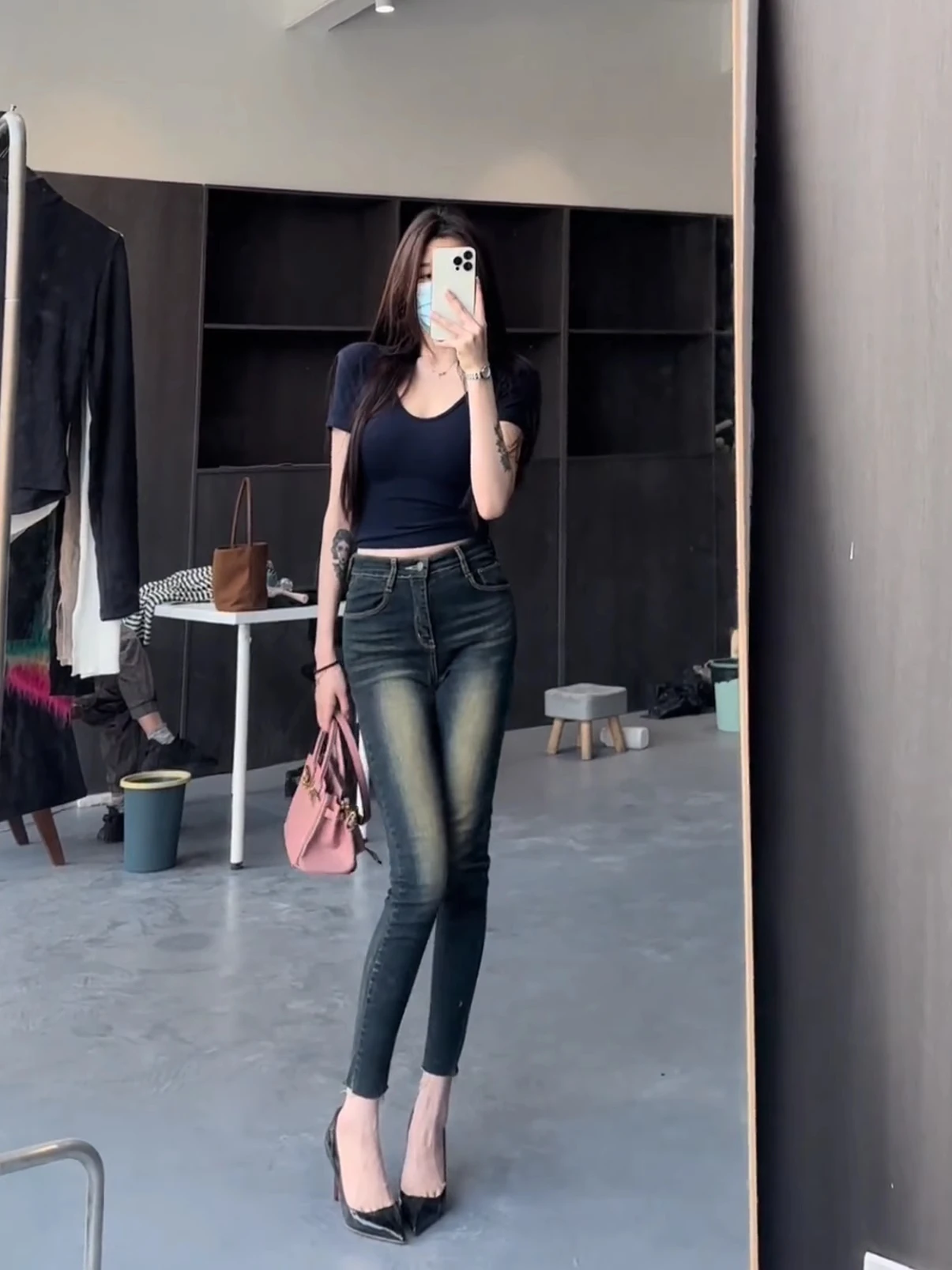 

Retro High Waist Stretchy Slimming Korean Sle Nine-Tenths Pencil Jeans Women's Blue Cotton Stretch Denim Skinnies