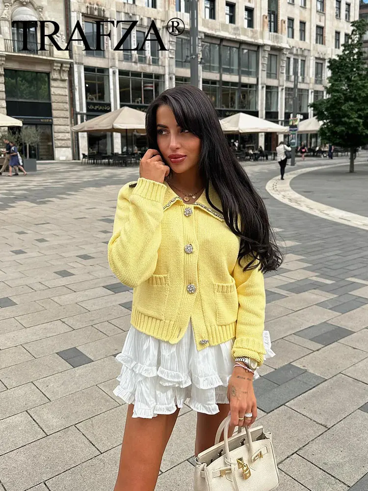 TRAFZA 2024 Woman\'s Coat Yellow Turn-Down Collar Long Sleeves Rhinestones Single Breasted Summer Knitted Tops Woman Trendy TRAF