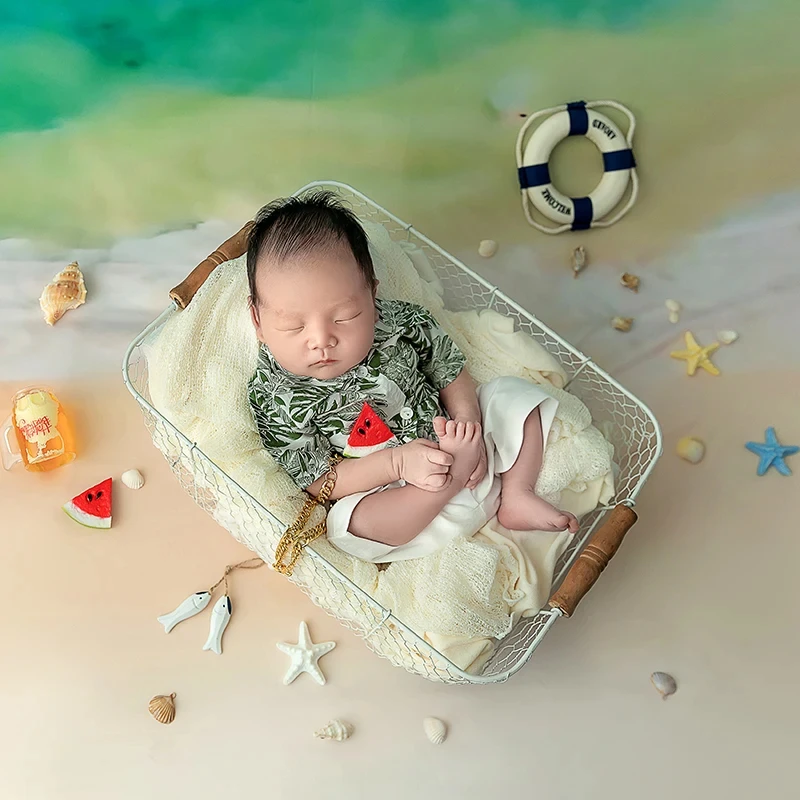 Summer Newborn Photography Outfit Hawaiian Style Baby Boy Printed Shirt Clothing Shell Necklace Beach Background Decorative Prop