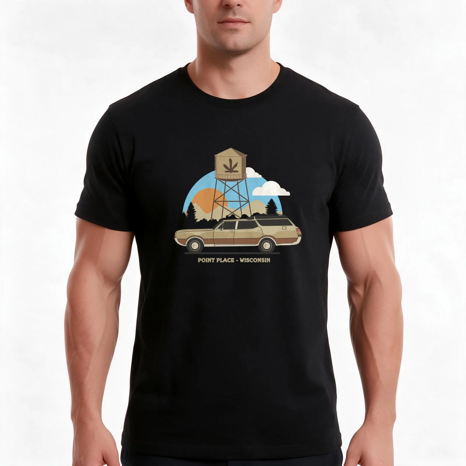 Vista Tower T-Shirt, Summer Casual Cotton Tee, Oversized Streetwear Tops, Vintage Graphic Print, Loose Fit Short Sleeve