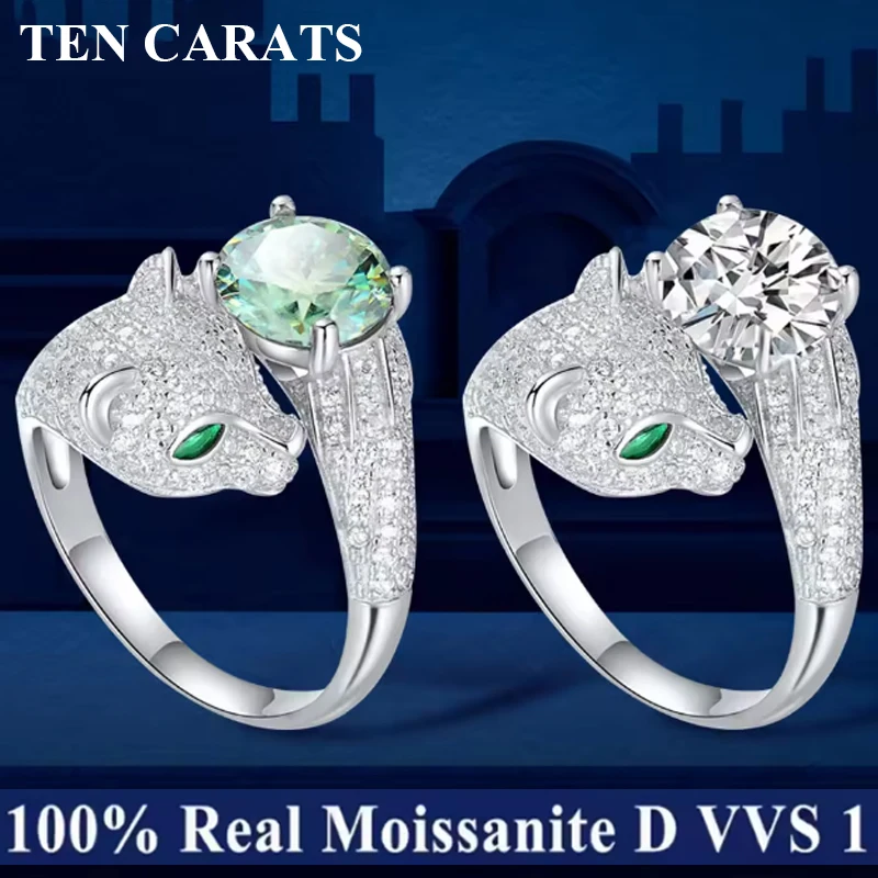 

TEN CARATS 2CT S925 Sterling Silver VVS1 Moissanite Ring Fashion Leopard Head Opening adjustable Women's ring plated white