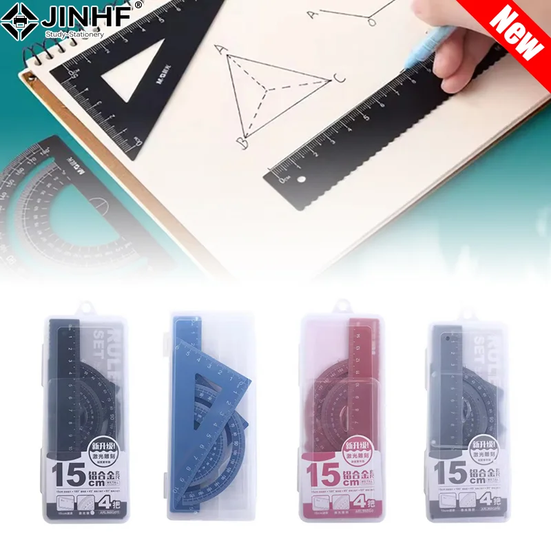 

4Pcs Metal Ruler School Drawing Measuring Triangle Ruler for Kids Learning Angle Straight Ruler Set Office Accessories Supplies