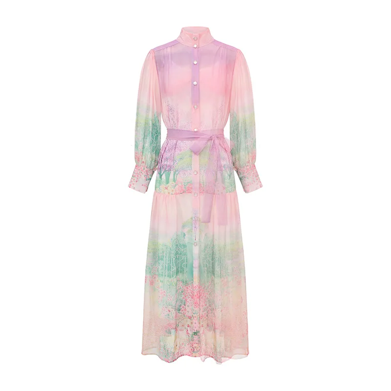 

Women's Spring Summer Beach Maxi Dress Floral Print Lace-Up Chiffon Loose Long Lantern Sleeve Stand Collar Holiday Vestidos