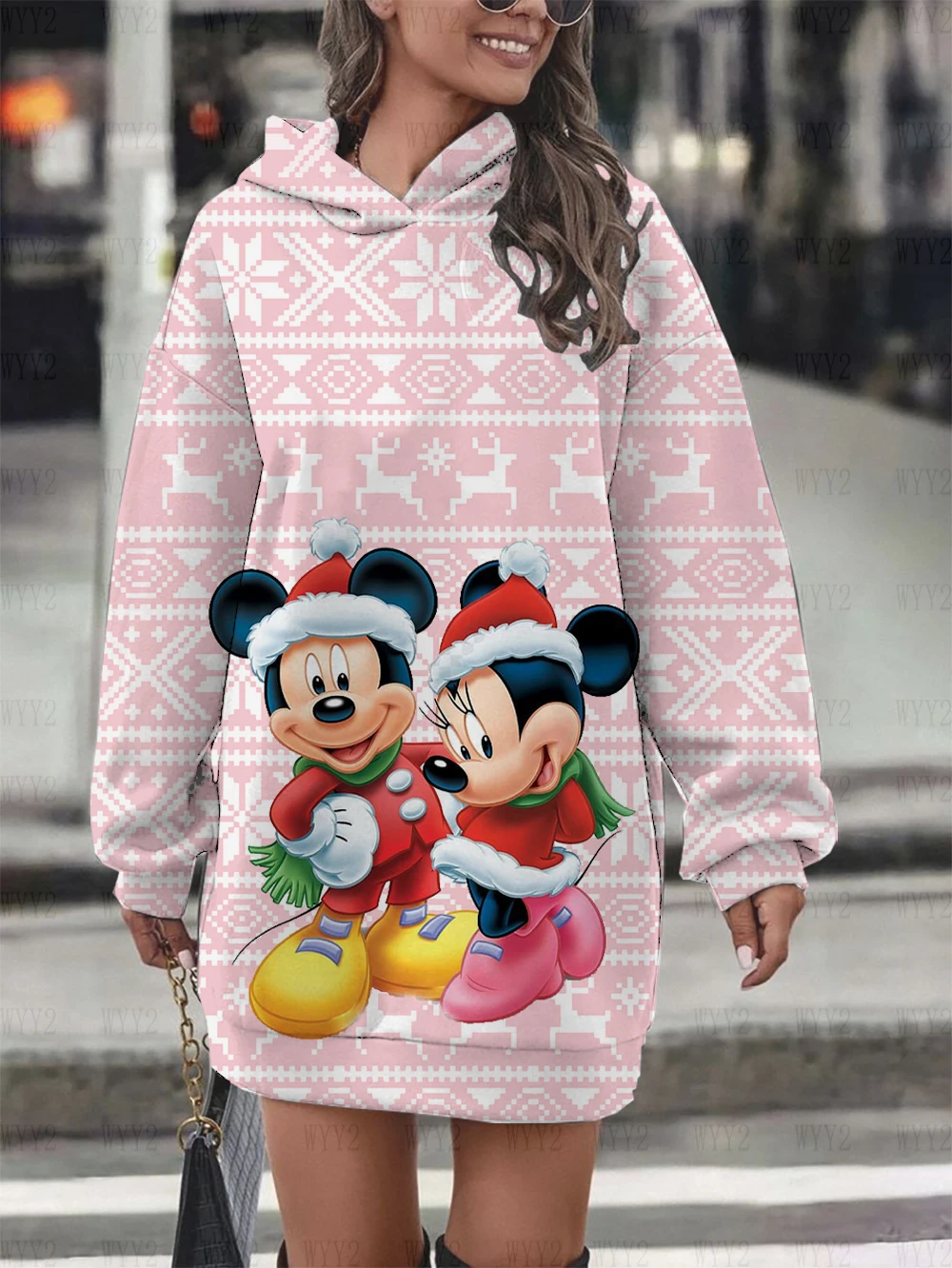 Women\'s Clothing Disney Christmas Collection Mickey Print Long Sleeve Pullover Sweatshirt Dress Casual Fashion Ladies Street Top