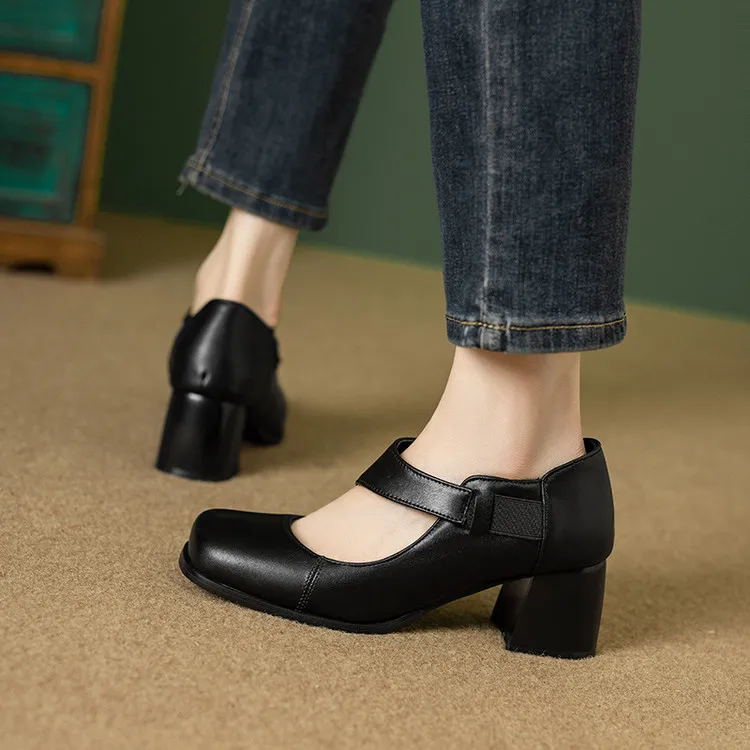 Black Mary Jane Pumps Women Square Toe Ankle Strap Chunky Heel Leather Women's Shoes