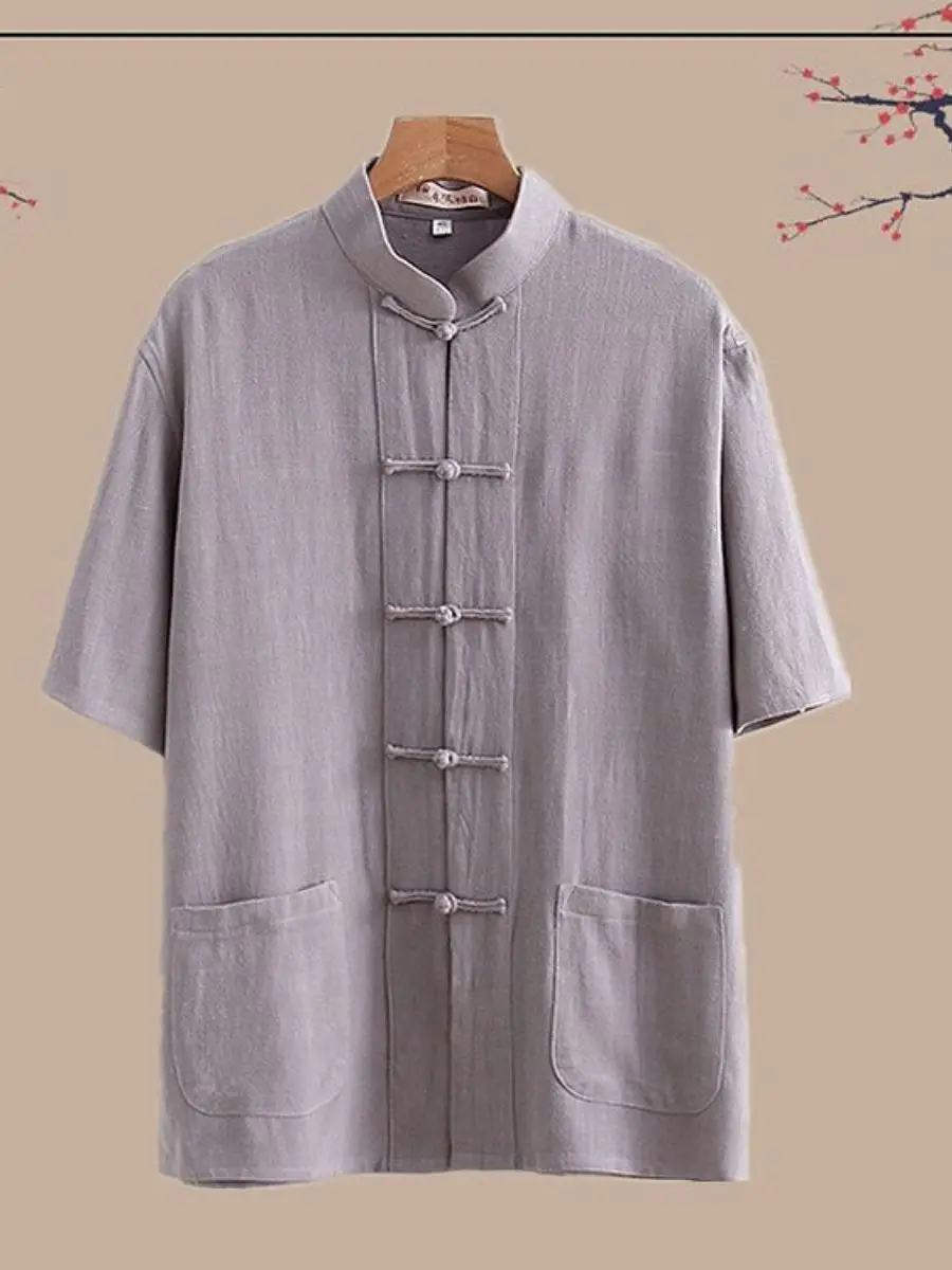 Chinese Style Men's Cotton Linen Short Sleeve Shirt Vintage Button up Tang Suit Summer Youth Cotton Linen Top Buddhist Robe