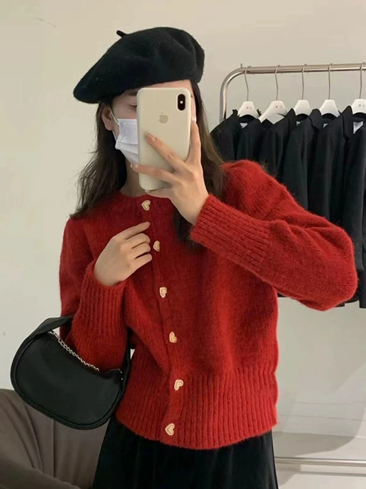 Women\'s Green Cardigan Sweater Aesthetic Y2k Elegant Vintage Long Sleeves Knitted Jumper Christmas Sweater 2000s Clothes Autumn