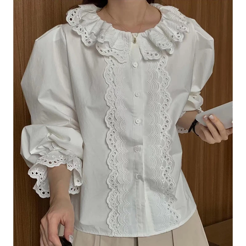 시크한 봄 루즈핏 벨 슬리브 셔츠 여성용 라운드넥 스플라이스 레이스 트림 탑 한국 스타일 긴팔 버튼다운