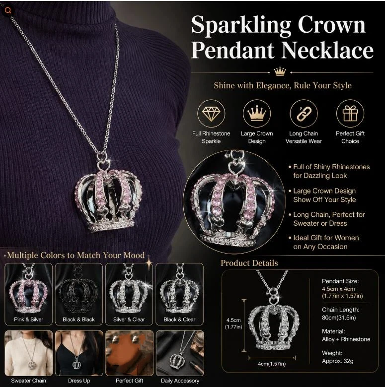 Hot Sale 1PCS Large 3D Rhinestone Crown Necklace Subculture Long Sweater Chain Trendy Jewelry for Teen Girls Daily School Wear