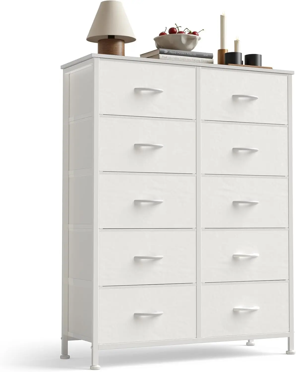 

White 10 Drawer Tall Dresser for Bedroom, Fabric Storage Tower with Bins, Steel Frame Wood Top