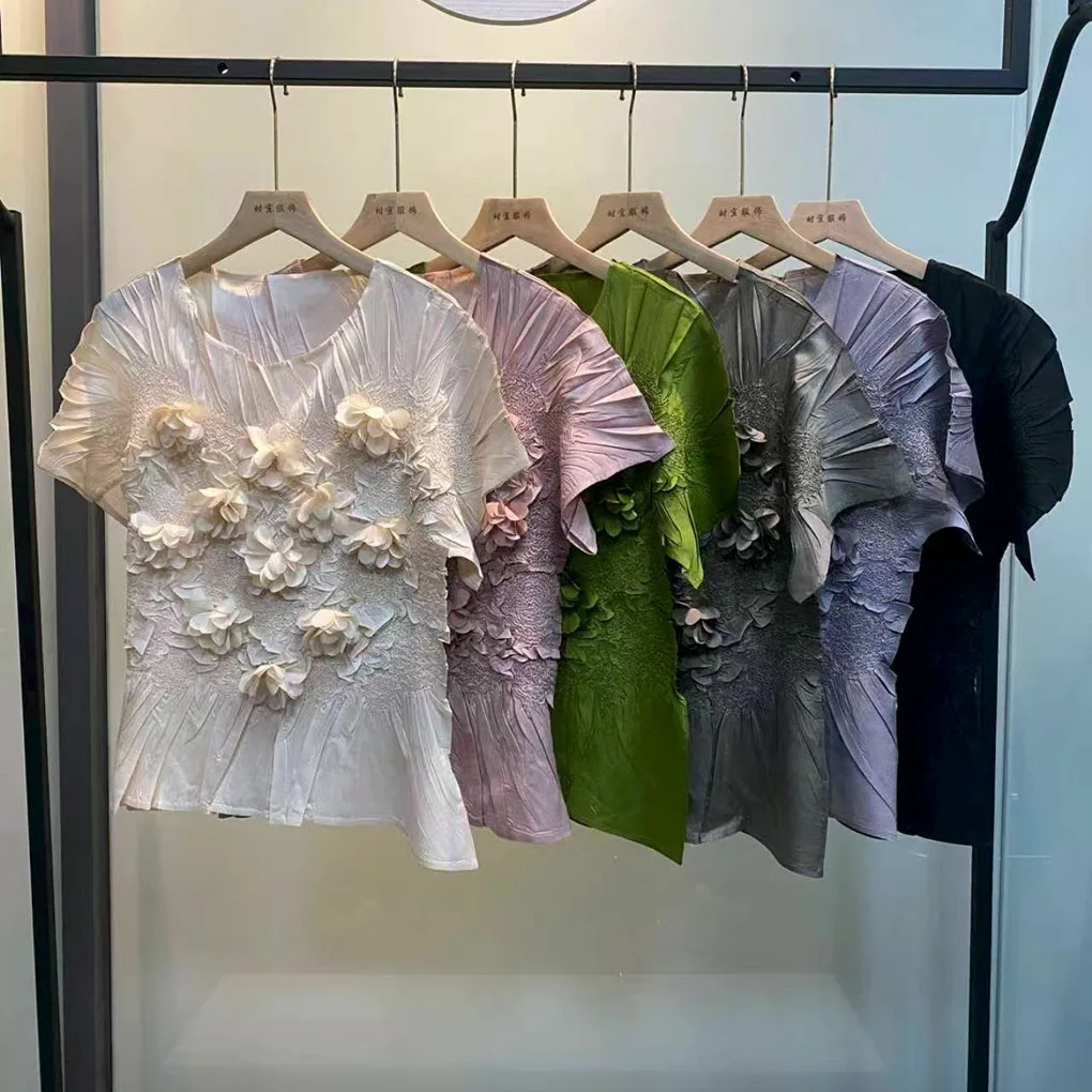 

Miyake Pleated 2026 Spring New Design Niche Short-sleeved T-shirt Female Foreign-style Embroidery Pleated Blouse Small Shirt