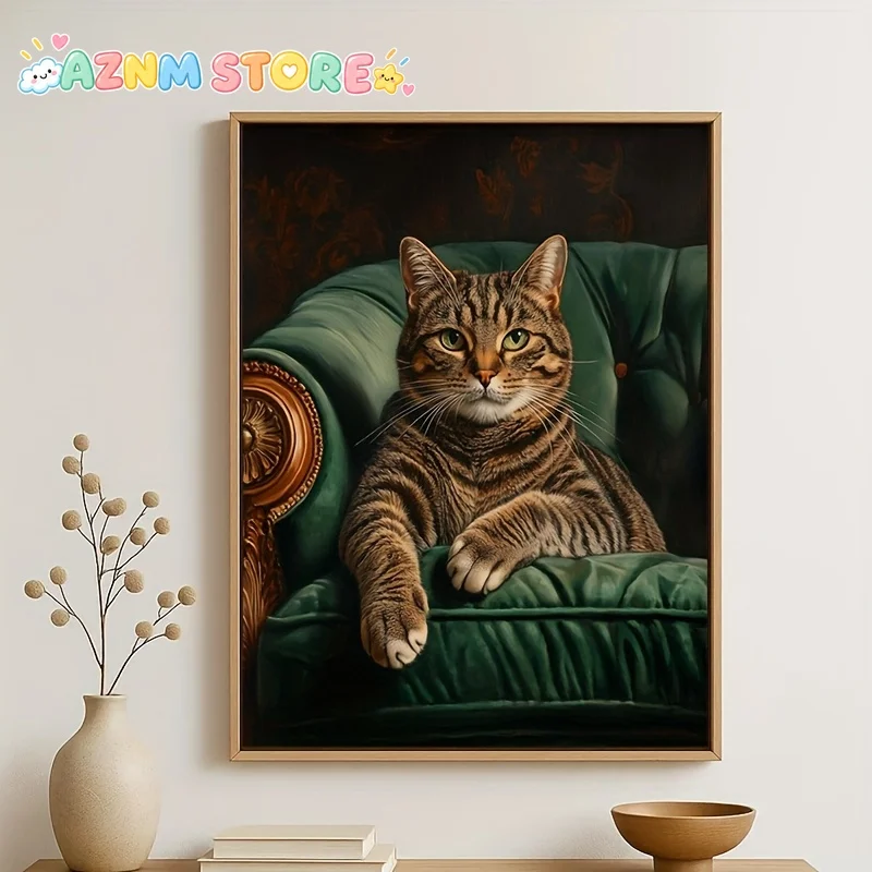 20272D Flat 1pc Frameless Tabby Cat Oil Painting: Vintage Style Pet Portrait Wall Art 70 Canvas Poster, Fun Wall Decor for Be