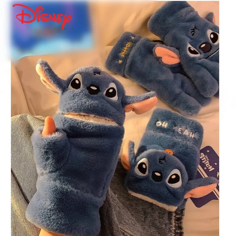 

Disney Cartoon Cute Stitch Alien Dale Half Finger Flap Thick Gloves Women's Winter Cycling Warm Student Writing Cold Protection