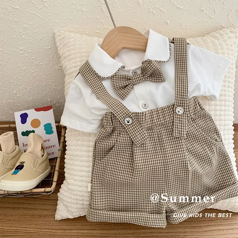 

2024 Summer Children Boy Clothes Set Cotton College Style Striped Suspenders Suit Solid White Shirt Include Bow Tie For 0-6Y Boy
