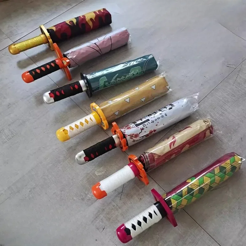 Demon Slayer Katana Umbrella Tanjirou Folding UV Blocking Parasol Real Japanese Katana Samurai Sabre Umbrellas Anime Parasol