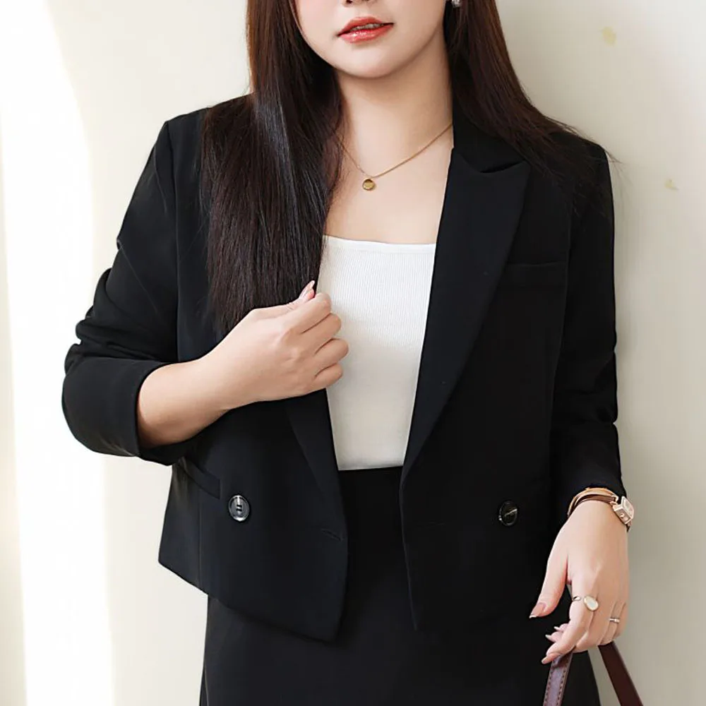 Commuter Double Breasted Short Business Suit Jacket Plus Size Women's Professional Fashion Office Lady Black Blazer