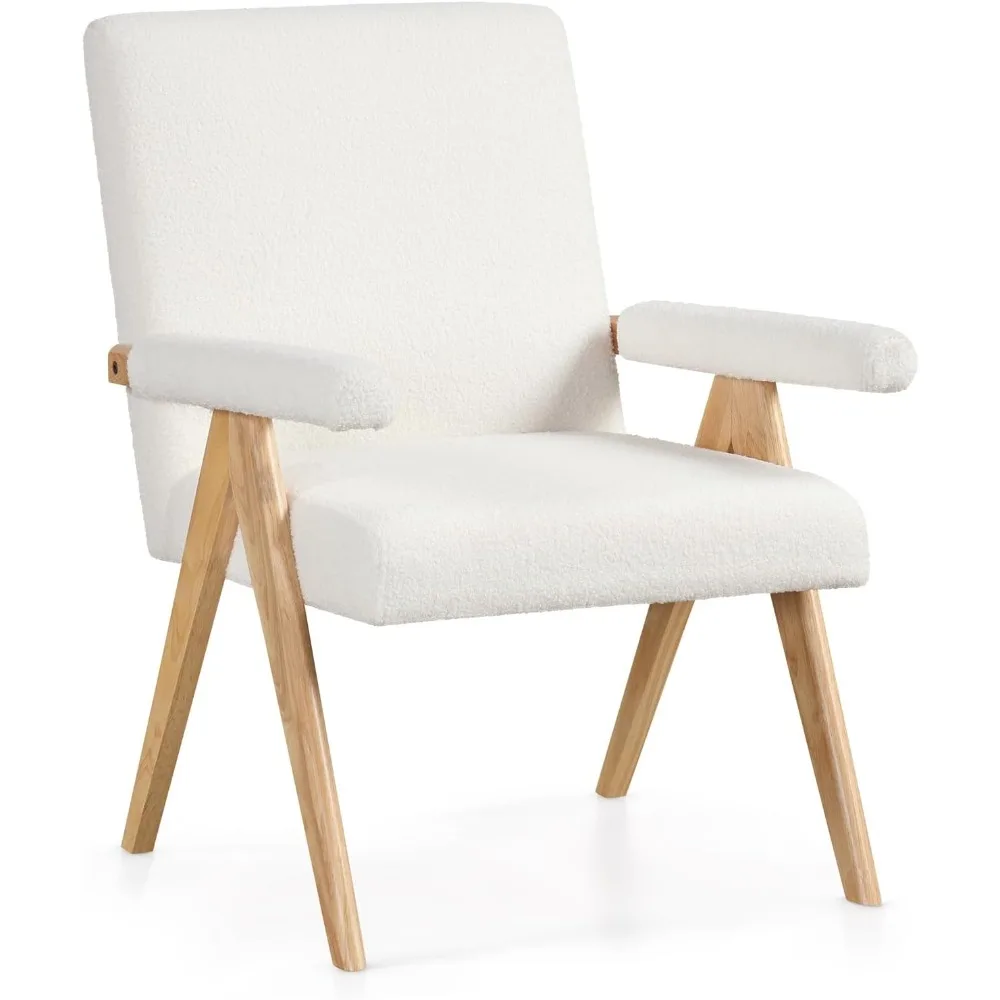 

Mid-Century Modern Accent Chair, Sherpa Fabric Reading Chair with Padded Armrests, Solid Rubber Wood Frame, Upholstered